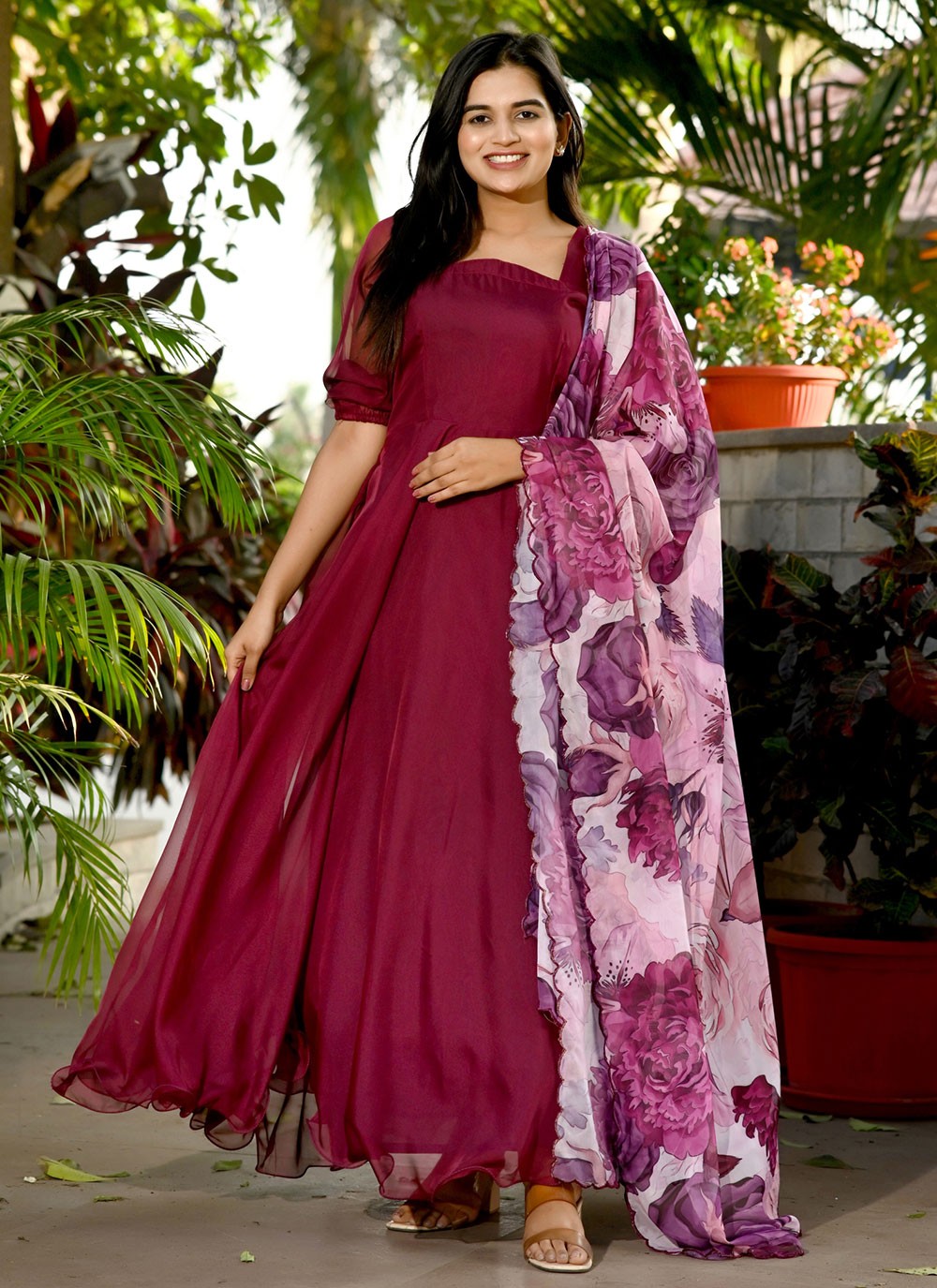 Fancy Wear Silk Patola Print Gown In Multi Colour