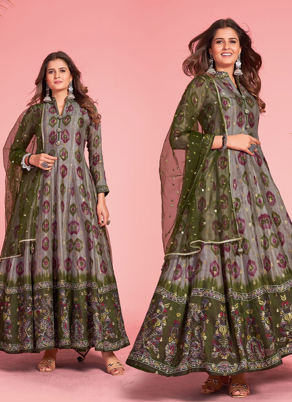 Silk Print Trendy Gown in Green and Grey