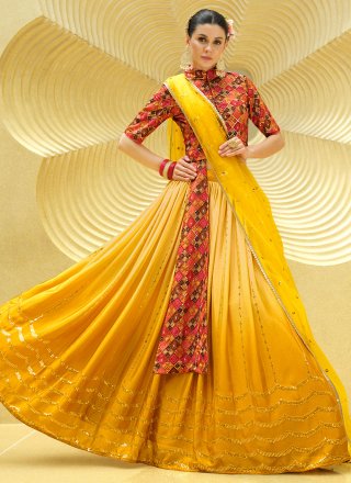 Silk Print Yellow Trendy Lehenga Choli