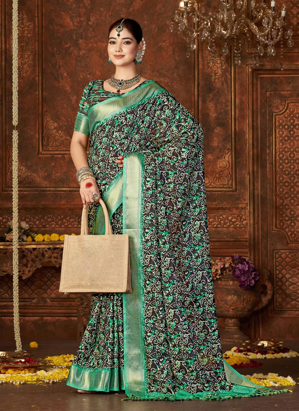 Amazon.com: Sourbh New Fancy Tropical Floral Printed Women's Saree with  Blouse Piece (Aqua) : Clothing, Shoes & Jewelry