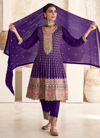 Silk Purple Zari Pant Style Suit