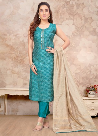Silk Resham Pant Style Suit in Teal