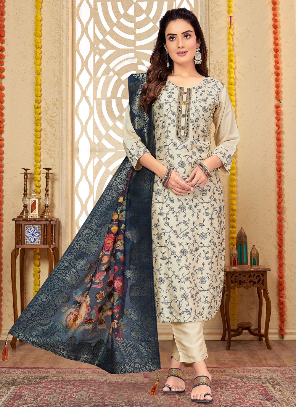 Banarasi Silk Salwar Suit With Embroidered Work Net Dupatta