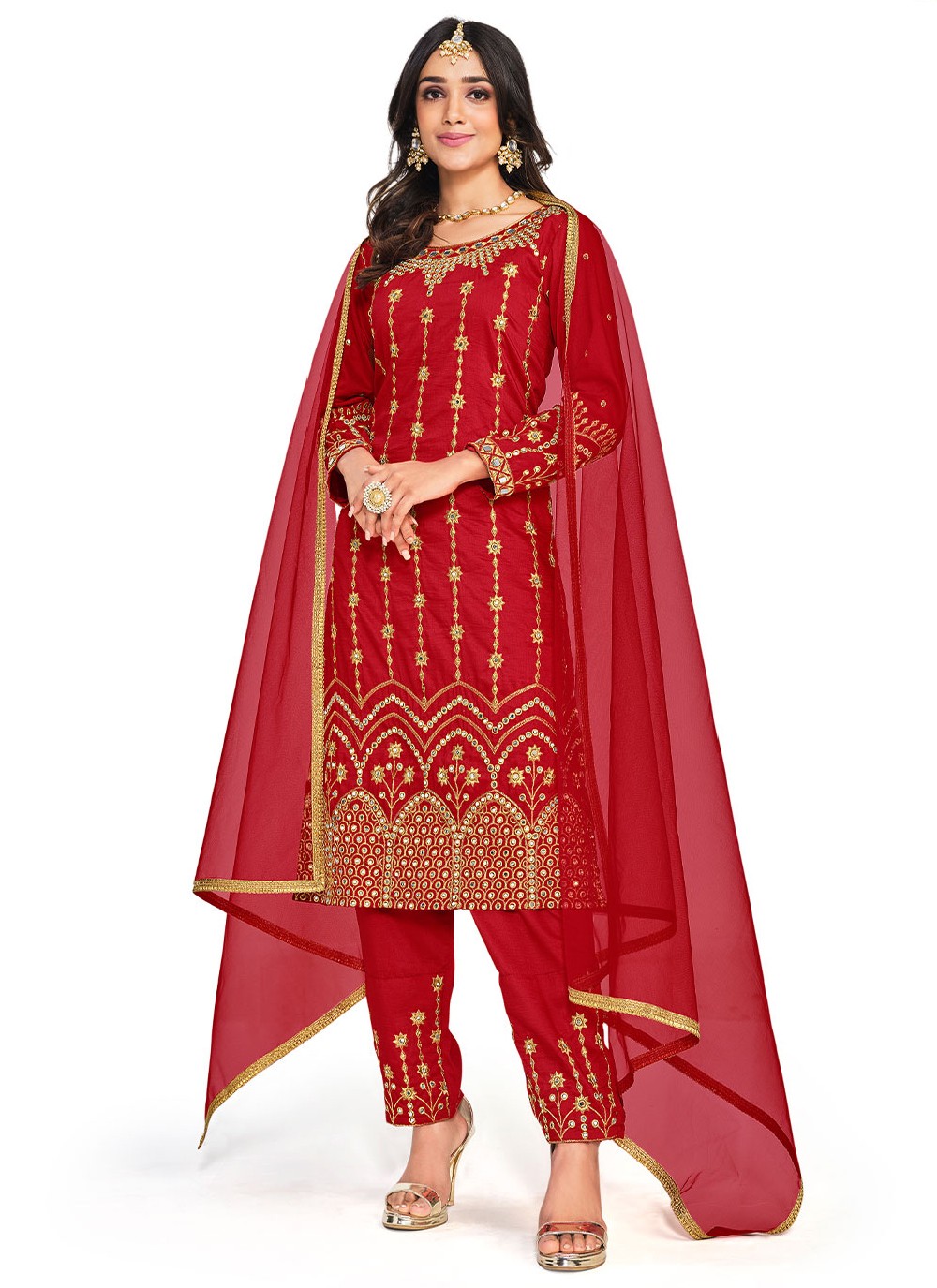 Silk Straight Salwar Suit in Red