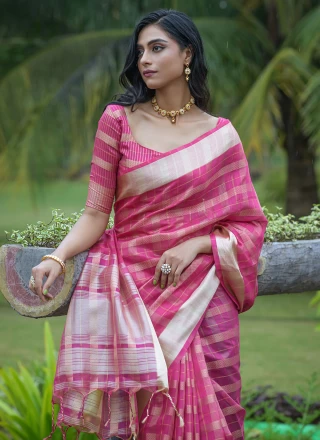 Silk Stripe Print Saree in Rani
