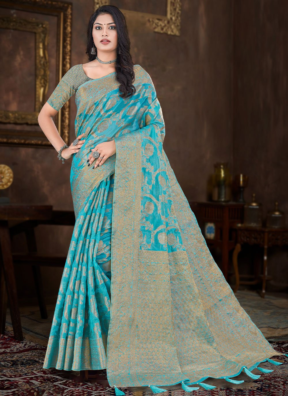 Silk Turquoise Weaving Saree