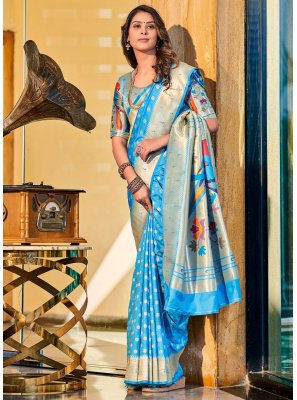 Silk Weaving Aqua Blue Trendy Saree