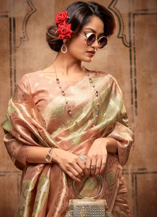 Silk Weaving Green and Peach Contemporary Style Saree