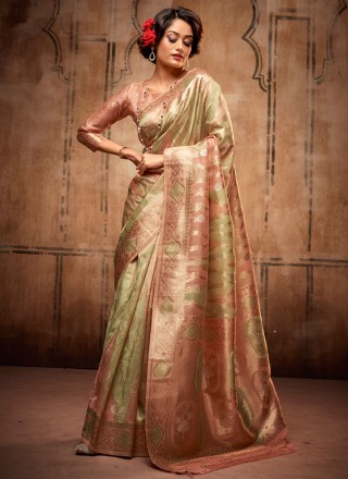 Silk Weaving Green and Peach Contemporary Style Saree