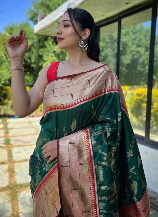 Silk Woven Contemporary Style Saree in Green
