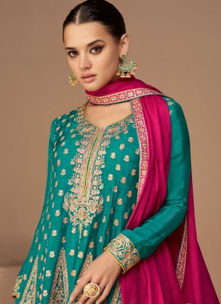 Silk Zari Turquoise and Yellow Readymade Salwar Suit