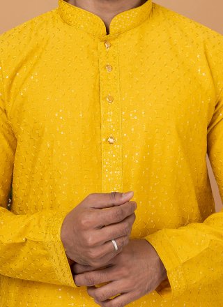Snazzy Mustard Cotton Kurta Pyjama with Embroidered and Sequins Work