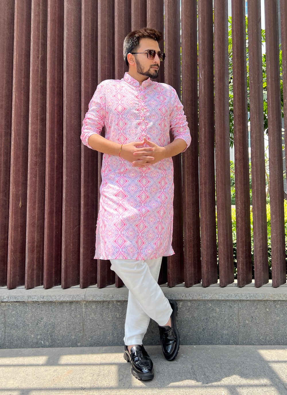Shop Soft Cotton Sequins Pink Kurta Pyjama Online 255119 Mens