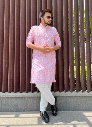 Soft Cotton Sequins Pink Kurta Pyjama