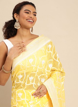 Soft Cotton Yellow Weaving Trendy Saree