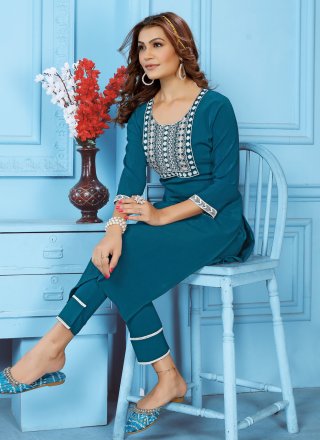 Spectacular Teal Cotton Casual Kurti with Embroidered Work