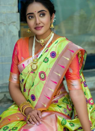Staggering Green Kanjivaram Silk Classic Sari with Meenakari and Woven Work