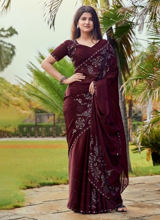 Incredible Embroidered Work On Burgundy Color Art Silk Saree