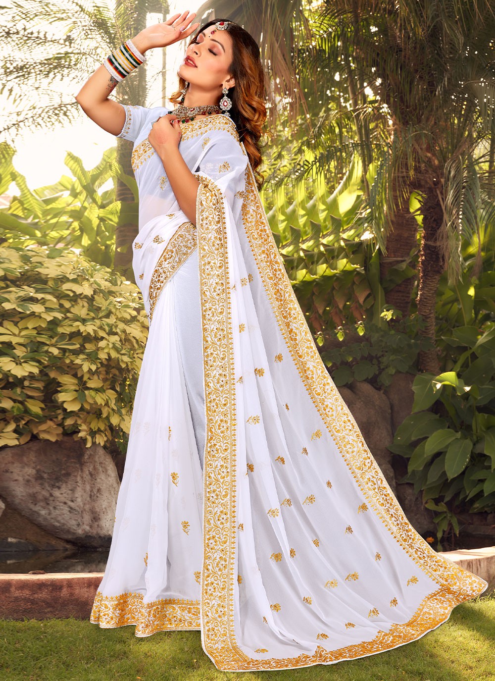 White Heavy Resham Zari Embroidered Stone Work Net Party Wear Wedding Saree  Sari | eBay