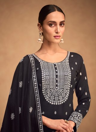 Straight Salwar Kameez Embroidered Silk in Black