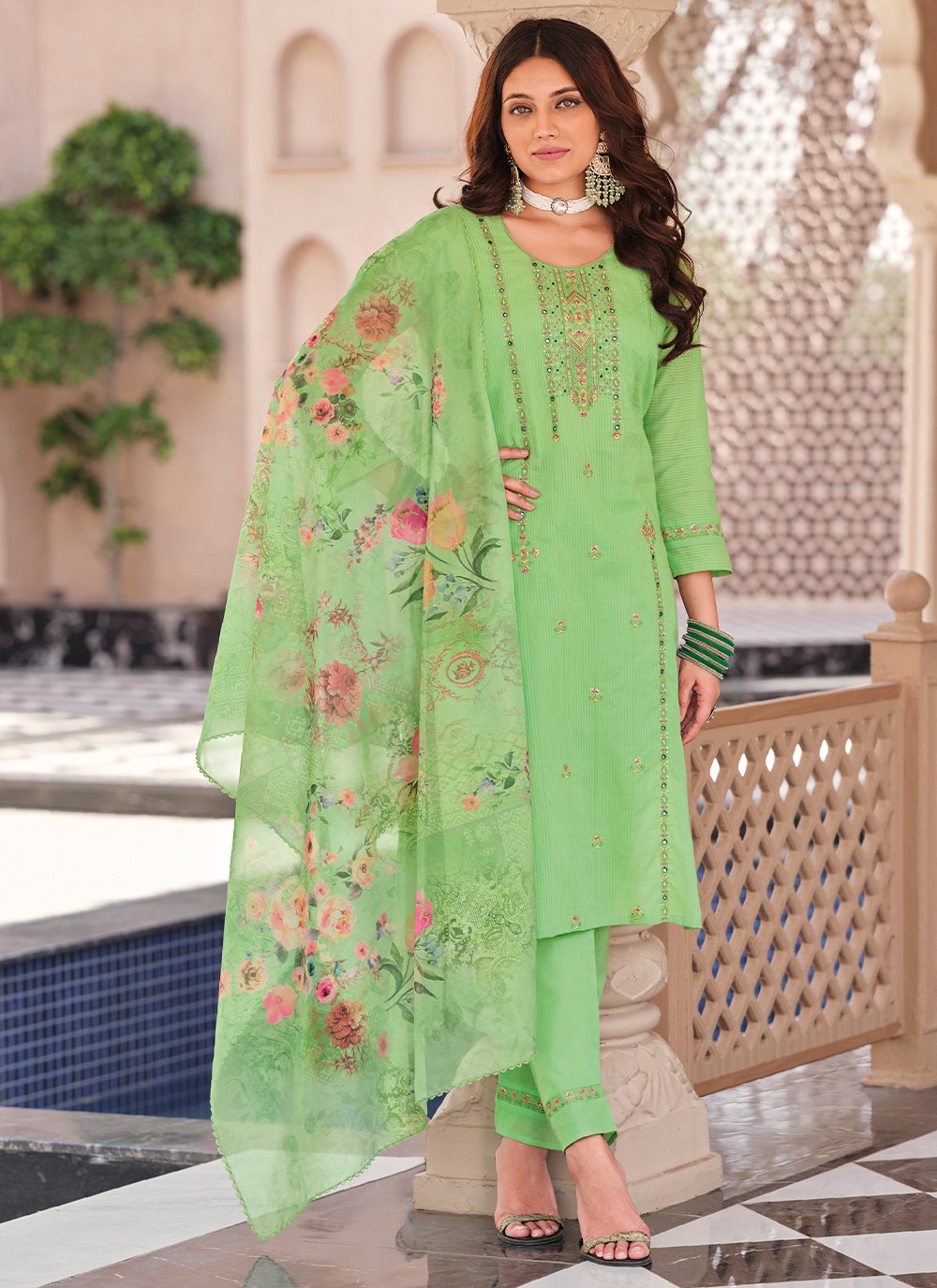 Straight Salwar Kameez Fancy Cotton in Green