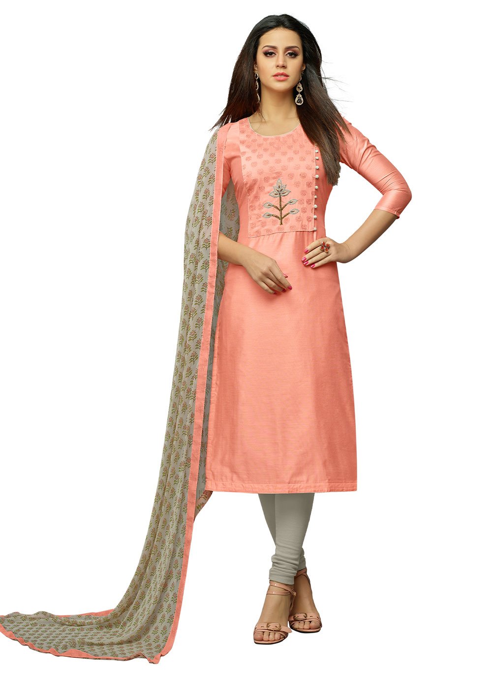 Straight Salwar Suit Embroidered Chanderi Silk in Peach