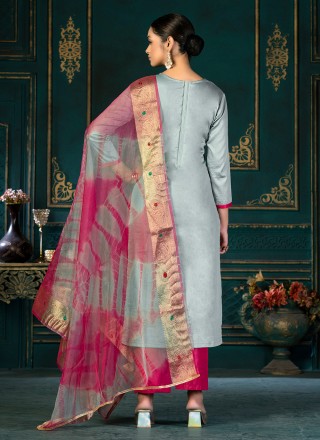 Straight Salwar Suit Embroidered Cotton in Aqua Blue