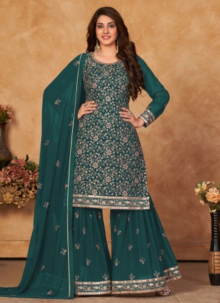 Straight Salwar Suit Embroidered Faux Georgette in Rama