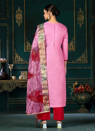 Straight Suit Embroidered Cotton in Pink