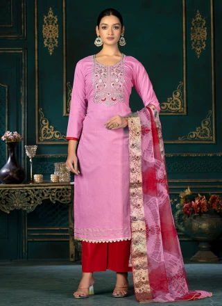 Straight Suit Embroidered Cotton in Pink