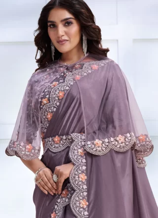 Striking Lavender Faux Crepe Classic Saree with Embroidered and Sequins Work