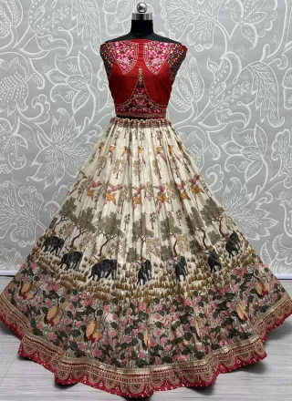 Sumptuous Off White Pure Silk Lehenga Choli with Embroidered and Print Work