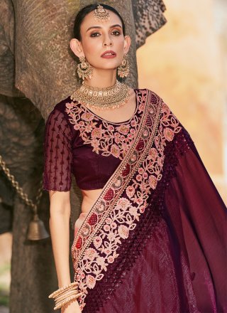Pink and Wine Fancy Fabric Embroidered Work Classic Saree for Women