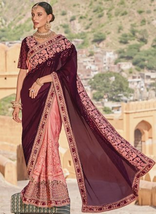 Pink and Wine Fancy Fabric Embroidered Work Classic Saree for Women
