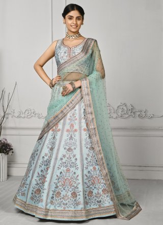 Swarovski Work Satin Silk Lehenga Choli In Aqua Blue