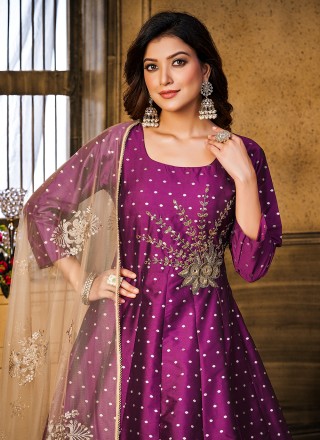 Tafeta Silk Butta Readymade Gown in Purple