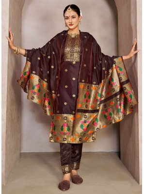 Tafeta Silk Jacquard Work Brown Trendy Salwar Suit