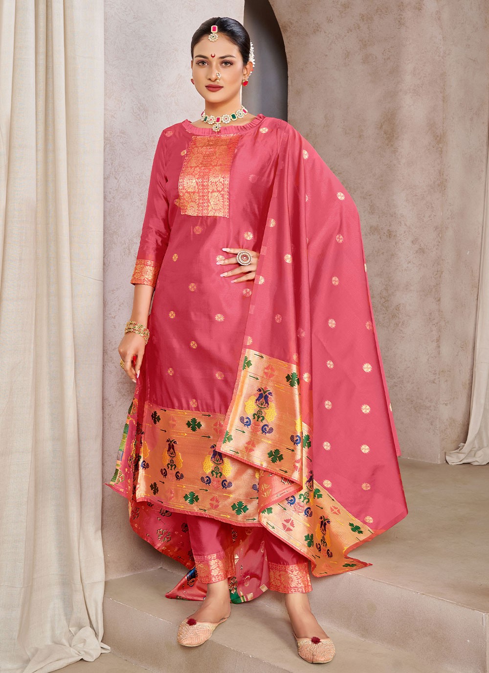 Tafeta Silk Jacquard Work Pink Trendy Salwar Suit