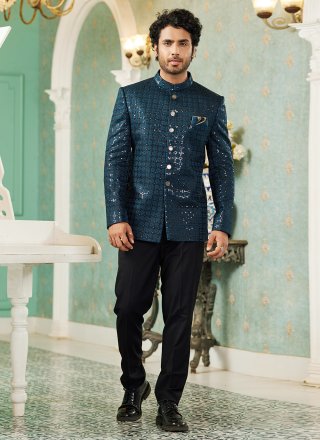 Teal Art Silk Machine Embroidery and Thread Work Indo Western for Engagement
