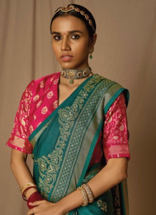 Teal Brasso Woven Saree