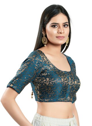Teal Brocade Blouse with Jacquard Work