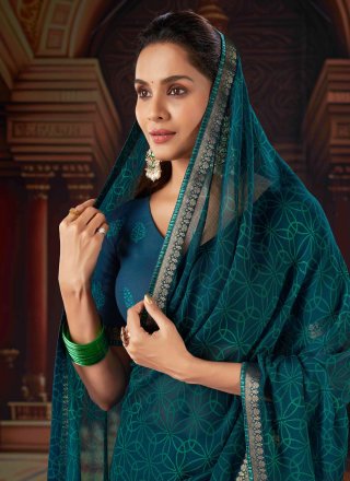 Teal Chiffon Ceremonial Trendy Saree