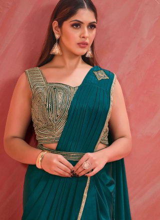 Teal Embroidered Work Crepe Silk Contemporary Saree