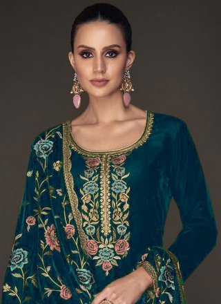Teal Embroidered Work Velvet Pant Style Suit