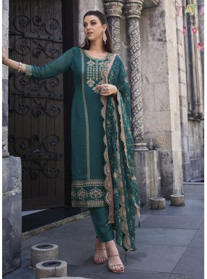 Teal Engagement Organza Pant Style Suit