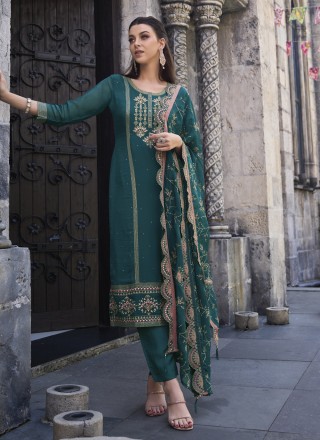 Teal Engagement Organza Pant Style Suit