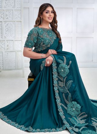 Teal Faux Crepe Classic Sari with Embroidered Work