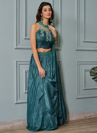 Teal Faux Crepe Embroidered and Sequins Work Readymade Lehenga Choli for Ceremonial