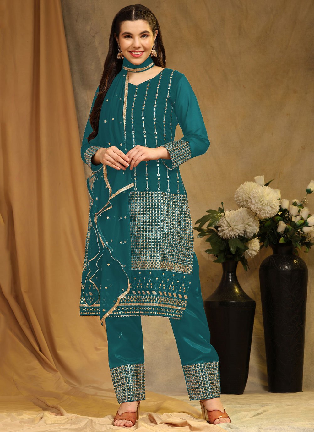 Teal Faux Georgette Embroidered Work Salwar Suit for Women