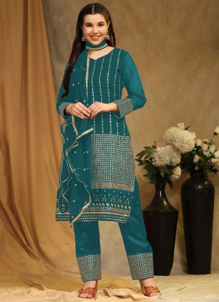Teal Faux Georgette Embroidered Work Salwar Suit for Women